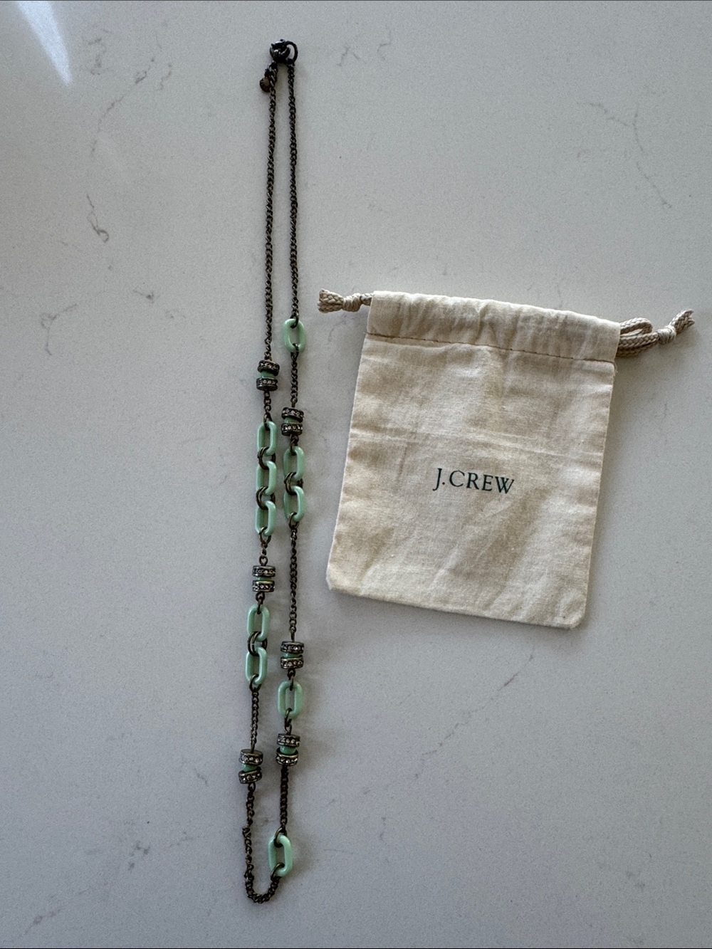 J. Crew Mint Green Link Long Necklace with Dark Metal Chain Length: 14"